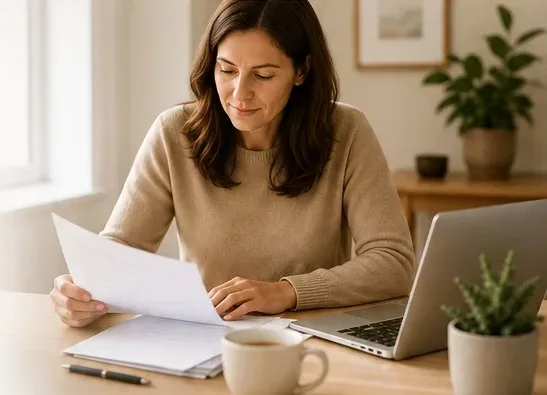 A person calmly reviewing paperwork at home